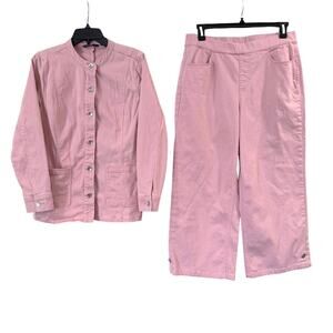 Isaac Mizrahi Live Pink Denim Suit Crop Pants Size 14 Long Sleeve Jacket Medium